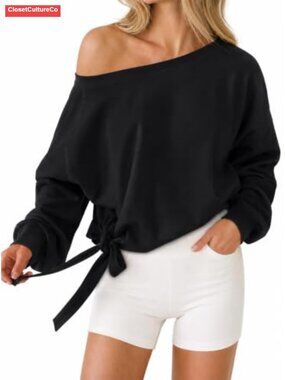 Remidoo Off Shoulder Sweatshirt Dolman Long Sleeve Side Tie Cropped Top